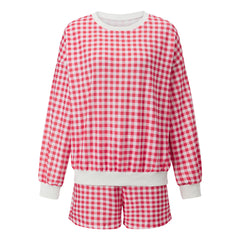 Gingham Long Sleeve Crew Neck Sweatshirt And Drawstring Shorts Set