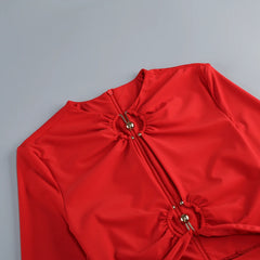 Red Metal Buckle Hollow Out Long Sleeved Mini Dress
