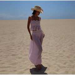 Lace Embroidered Square Neck Sheer Crop Top And Wide Pants Set