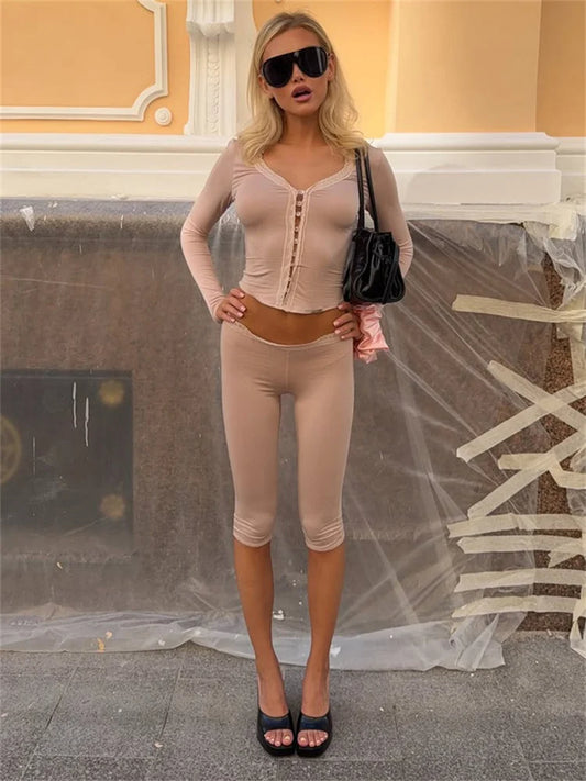 Lace Trim Button Front Cropped Top And Capri Pants Set
