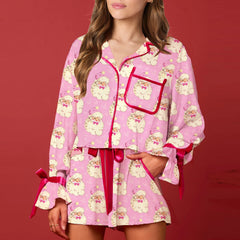 Christmas Long Sleeve Santa Claus Print Top with Elastic Waist Shorts Pajamas Set
