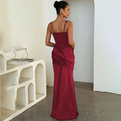 Square Neck Sleeveless Satin Waist Ruched Mermaid Maxi Dress