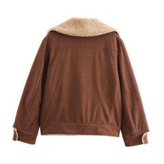 Women's corduroy jacket with fur lining and turn-down collar.