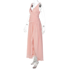 Pink V-Neck Mesh Frill High Split Midi Dress
