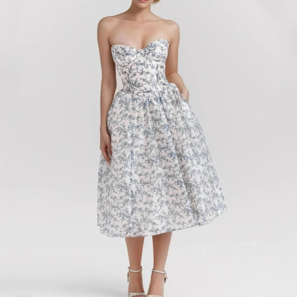 Blue Floral Corset Strapless Midi Dress Free From Label