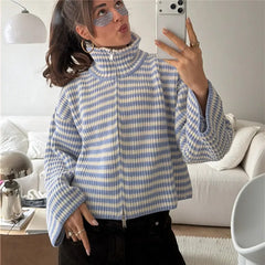 Striped Knit High Neck Zipper Cardigan