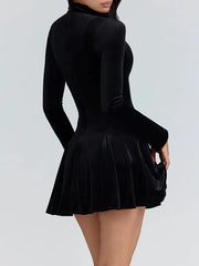 Black Velvet Stand Collar Long Sleeve Mini Dress