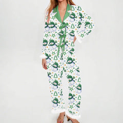 Christmas Tie Up Fur Trim Long Sleeve Shirt And Pants Sleepwear Set