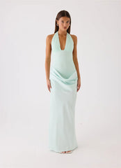 Halter Backless Tie Draped Waist Satin Maxi Dress