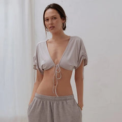 Drawstring Short Sleeve Deep V-Neck Tie Front Crop Top