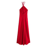 Red Satin Halter Backless Maxi Dress