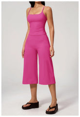 Solid Cami Removable Pads Top And Wide Leg Cropped Pants Set