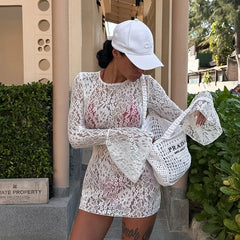 Beach Cut Out Back Lace Cover Up Dress With Bikini Set