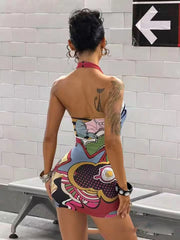 Pop Art Comic Print Halter Bodycon Mini Dress