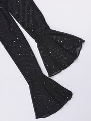 Off-Shoulder Flared Long Sleeve Sequined Maxi Dress