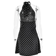 Satin Polka Dot Halter Tie-Up Mini Dress