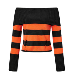 Distressed Striped Off-Shoulder Long Sleeve Knit Top