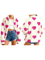 Heart Print Fuzzy Fleece Zip Up Jacket