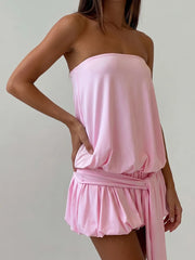 Pink Strapless Solid Waist Tie Mini Dress