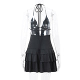 Black Deep V-neck Backless Frill Mini Dress