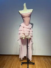 Pink Diamond Lace Up Corset Ruffle Tiered Midi Dress