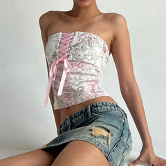 Printed Corset Pink Ribbon Tie-Up Tube Top Free From Label