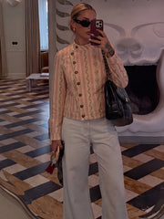 Floral Striped Jacquard  Diagonal Button Stand Collar Jacket