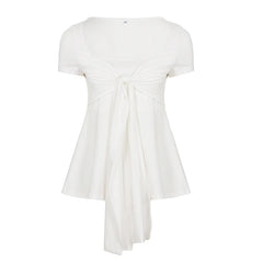 Square Neck Front Tie Short Sleeve Peplum Top