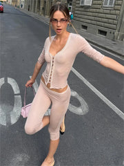 Lace Trim Button Front Cropped Top And Capri Pants Set