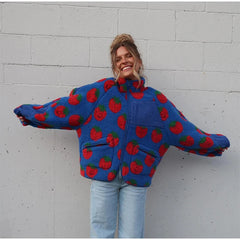 Printed Plush Zipper Short Jacket