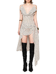 White Strap Dot Printed Irregular Ruffles Midi Dress
