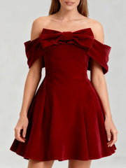 Bowknot Velvet  Slash Neck Mini Dress