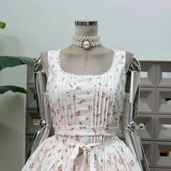 White Floral Tie Belt Flared A-Line Mini Dress