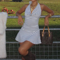 Grey Stripe Halter Mini Dress