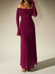 Off-Shoulder Flared Long Sleeve Sequined Maxi Dress