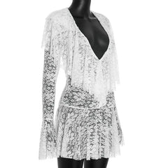 Lace Deep V-NeckLong Flare Sleeve Sheer Mini Dress