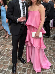 Pink Spaghetti Strap Layered Tiered Long Dress