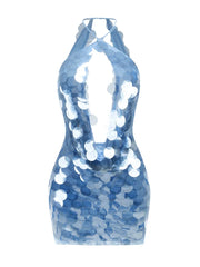 Blue Sequin Deep V-Neck Halter Backless Mini Dress