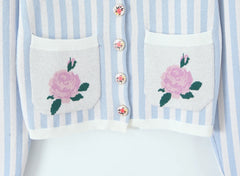 Stripe Knitted Flower Pockets Cardigan