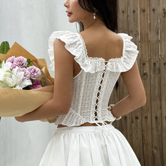 White Ruffle Sleeve Polka Dot Corset Top