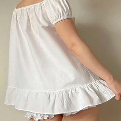 White Bow Ruffle Hem Short Sleeve Babydoll Top And Boomers Shorts Set