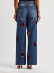 High Waist Straight Wide Leg Embroidery Heart Hollow Out Denim Pants