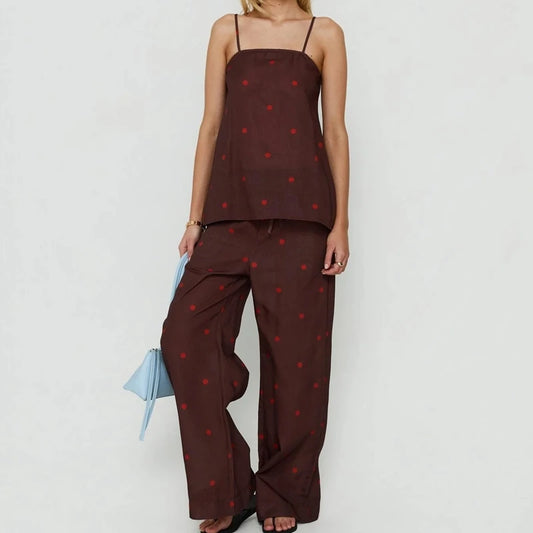 Polka Dot Split Back Cami Top with Drawstring High Waist Wide-Leg Pants Set