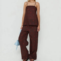 Polka Dot Split Back Cami Top with Drawstring High Waist Wide-Leg Pants Set