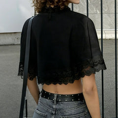Lace  Ruffle Two Layer Scalloped Edge Tie Front Shrug Top