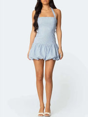 Stripe Halter Smocked Puff Hem Mini Dress