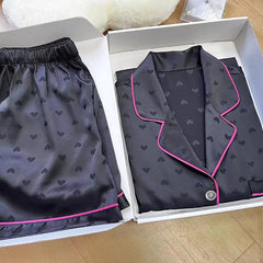 Satin Black V Embroidered Short Sleeve Top And Shorts Pj Set