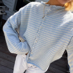 Striped  Crew Neck Open Front Button Down Cardigan