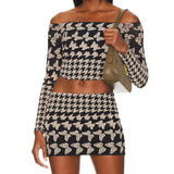 Brown Houndstooth Off-shoulder Long Sleeve Crop Top And Mini Skirt Set