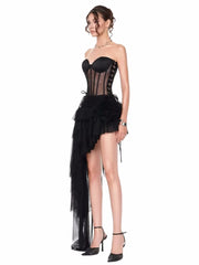 Black Lace-up Corset And High Waist Ruffles Split Long Skirt Set